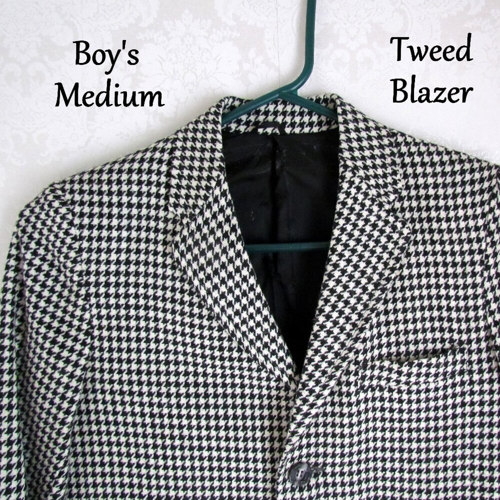 BOY'S WOOL BLAZER, 10-12 MED, BLACK & WHITE HOUNDSTOOTH CHECK, LINED, POCKETS